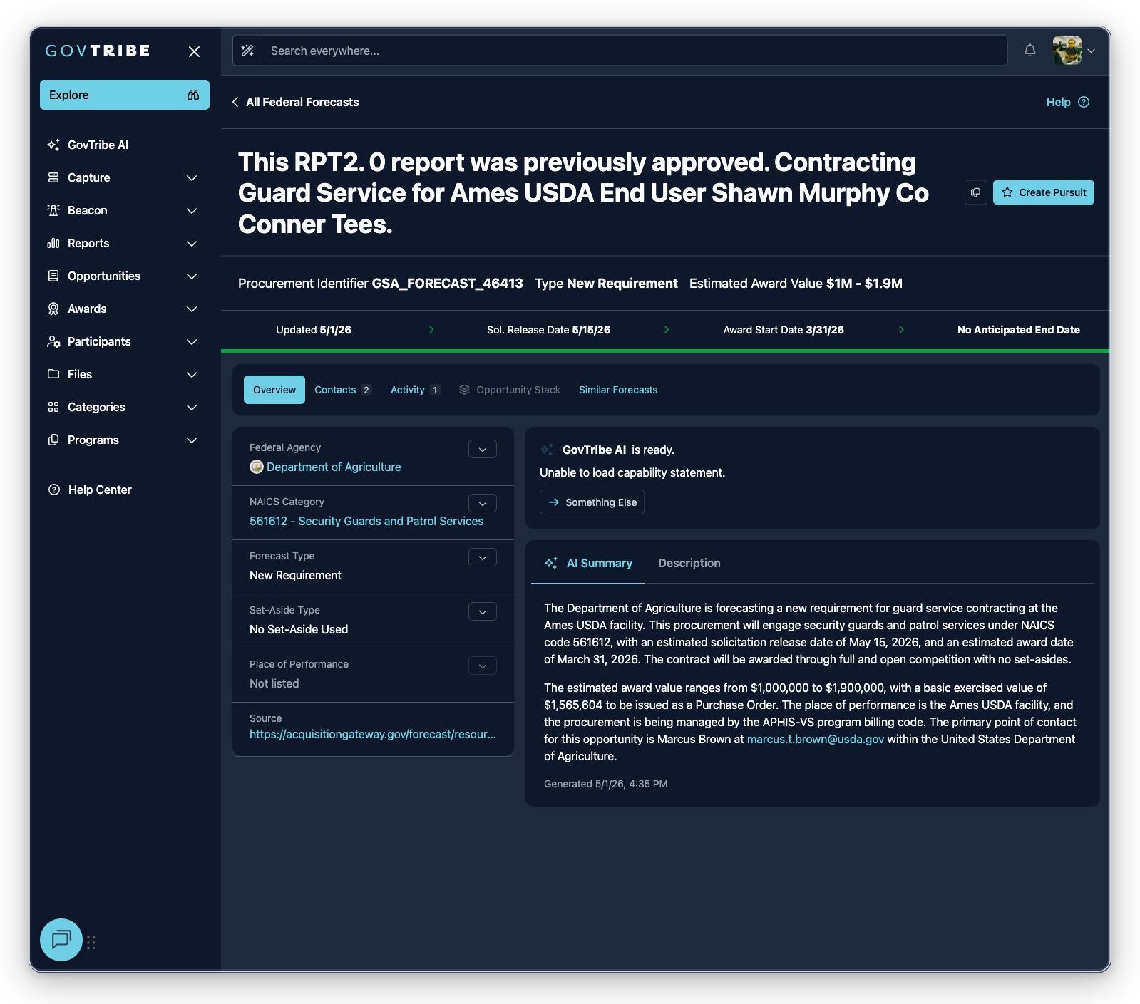 New Requirement federal forecast detail with estimated timing, tabs, badges, and pursuit action