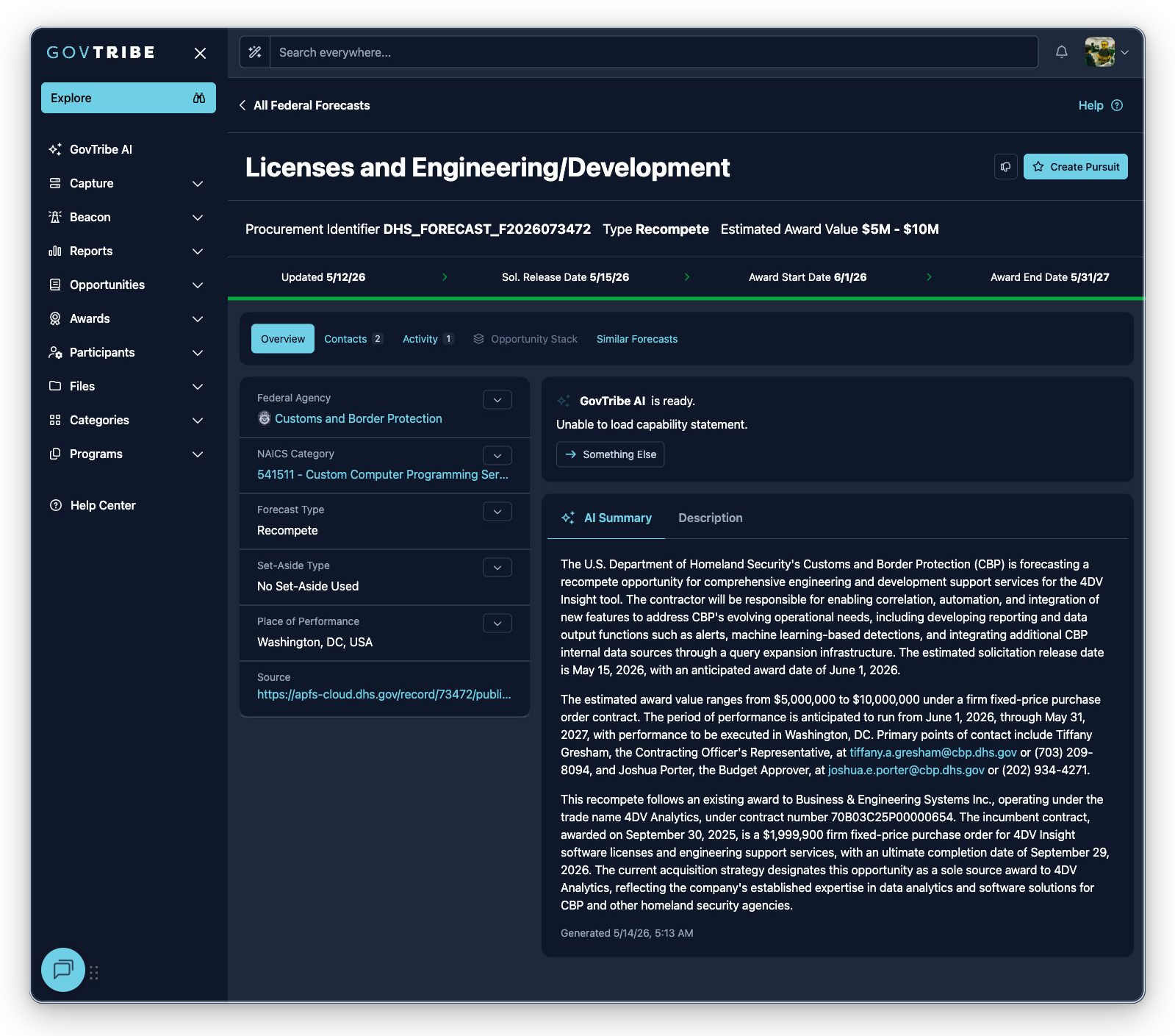 Recompete federal forecast detail with estimated award value, solicitation release date, badges, and related tabs