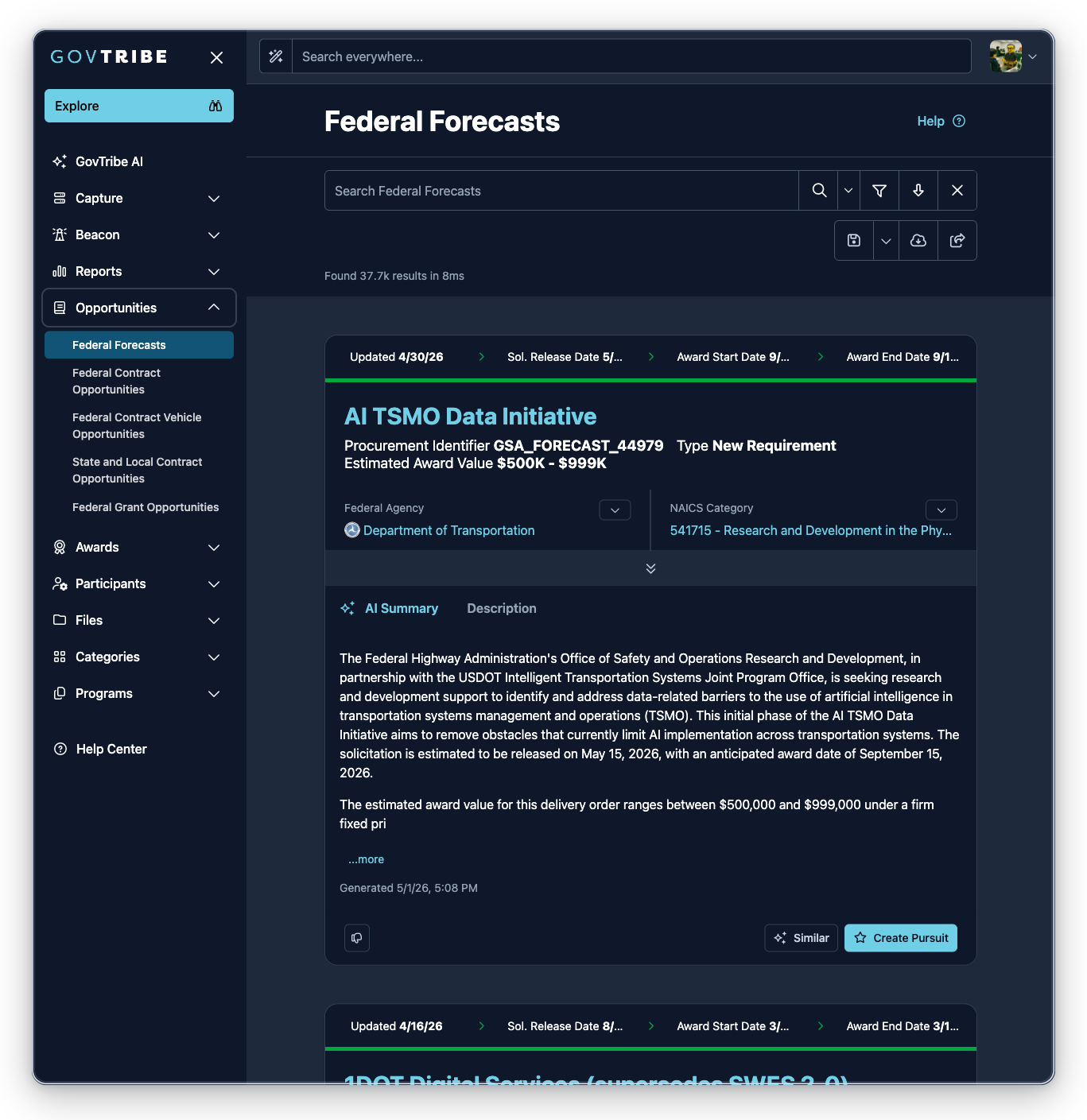 Federal forecasts page with the Opportunities sidebar expanded and Federal Forecasts selected