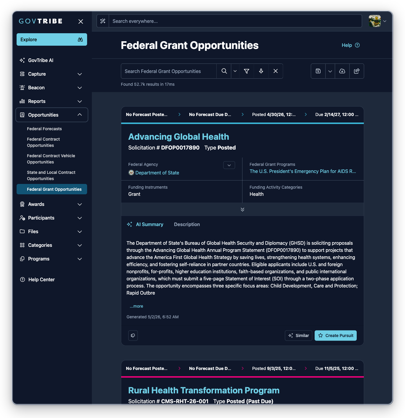 Federal grant opportunities page with the Opportunities sidebar expanded and Federal Grant Opportunities selected