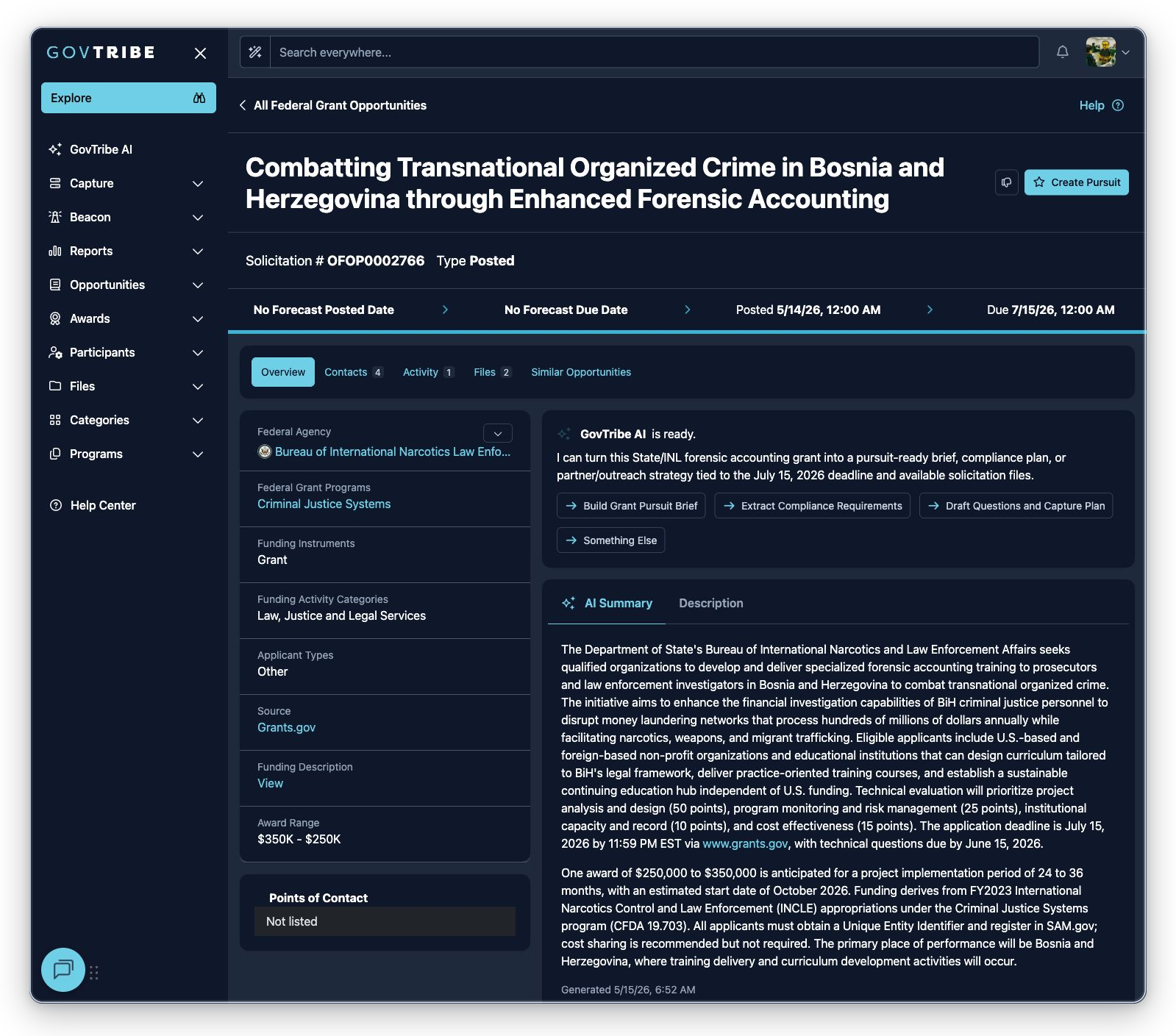 Federal grant opportunity detail for an international assistance opportunity with badges, dates, source context, and files