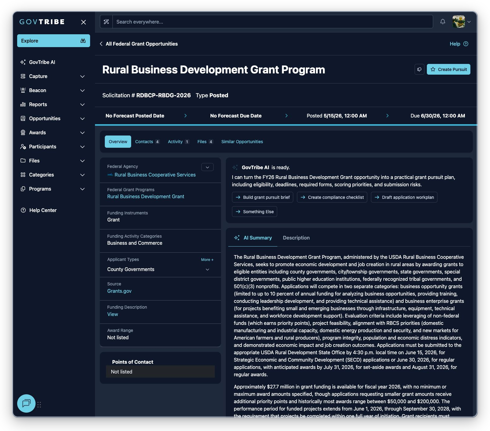 Federal grant opportunity detail with posted status, grant program badges, funding categories, contacts, files, and pursuit action