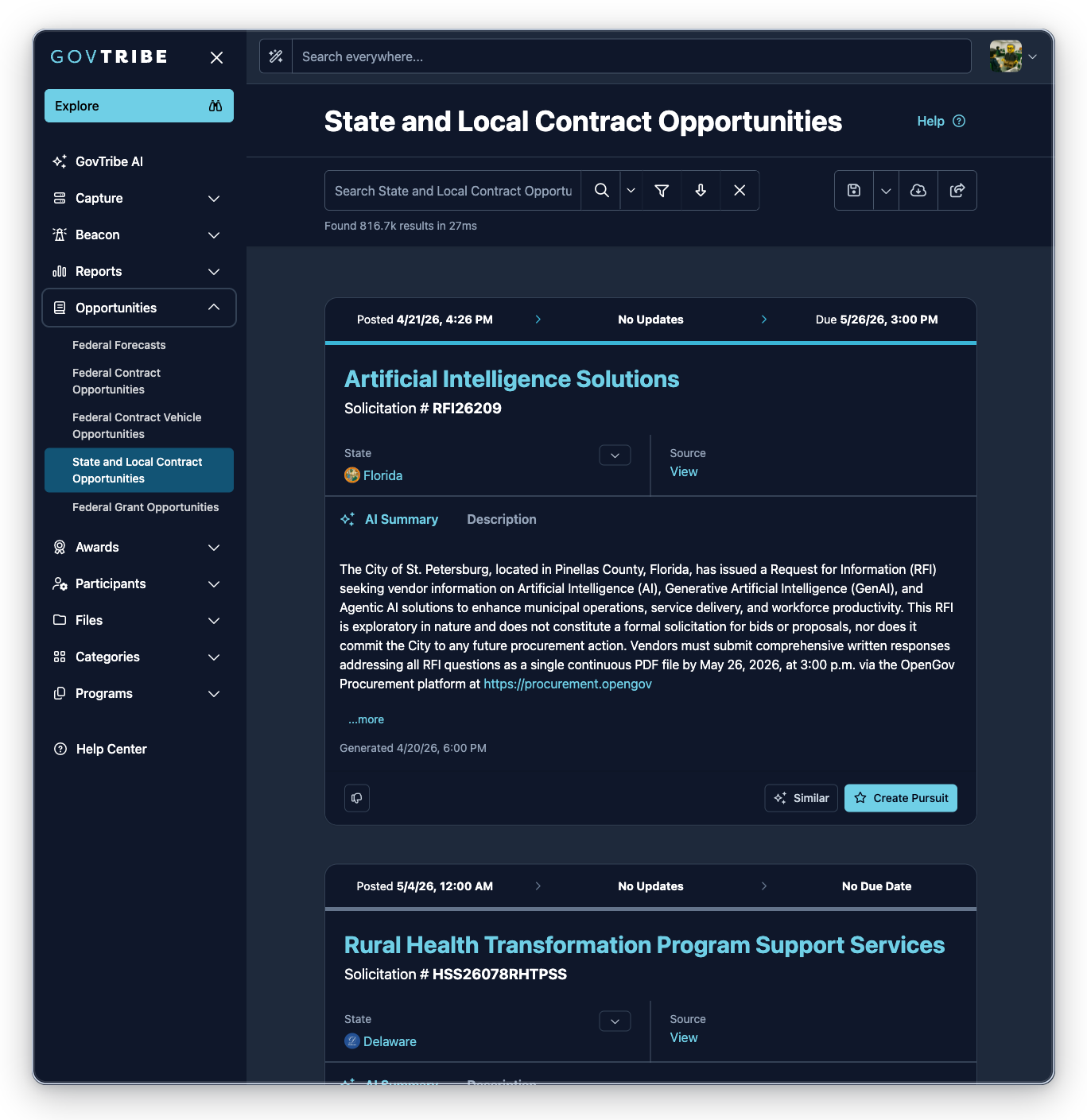 State and local contract opportunities page with the Opportunities sidebar expanded and State and Local Contract Opportunities selected