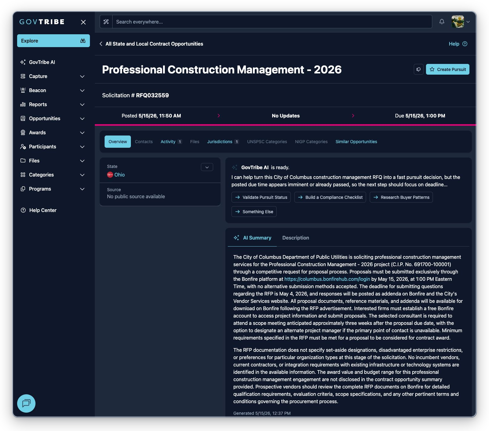 State and local contract opportunity detail with Source badge showing No public source available