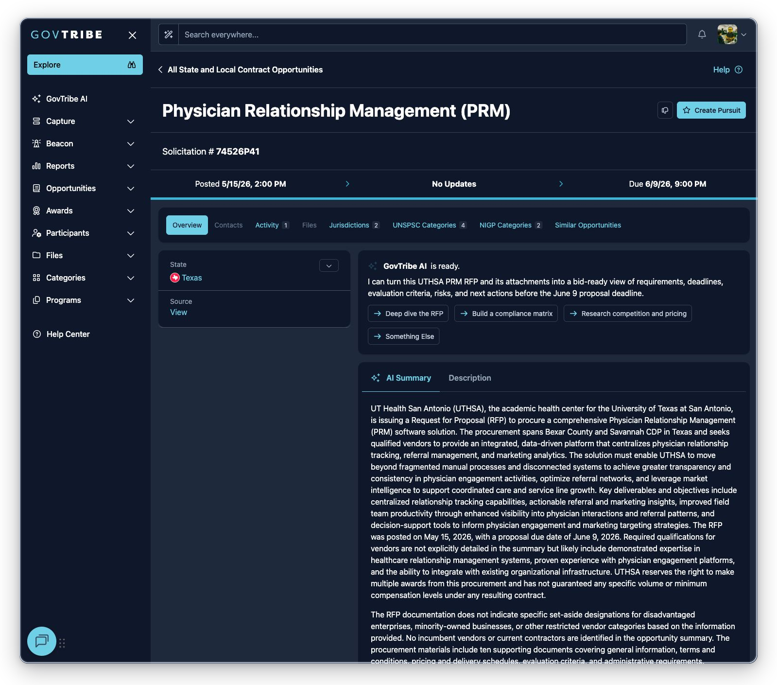 State and local contract opportunity detail with public source link, header dates, tabs, badges, and pursuit action