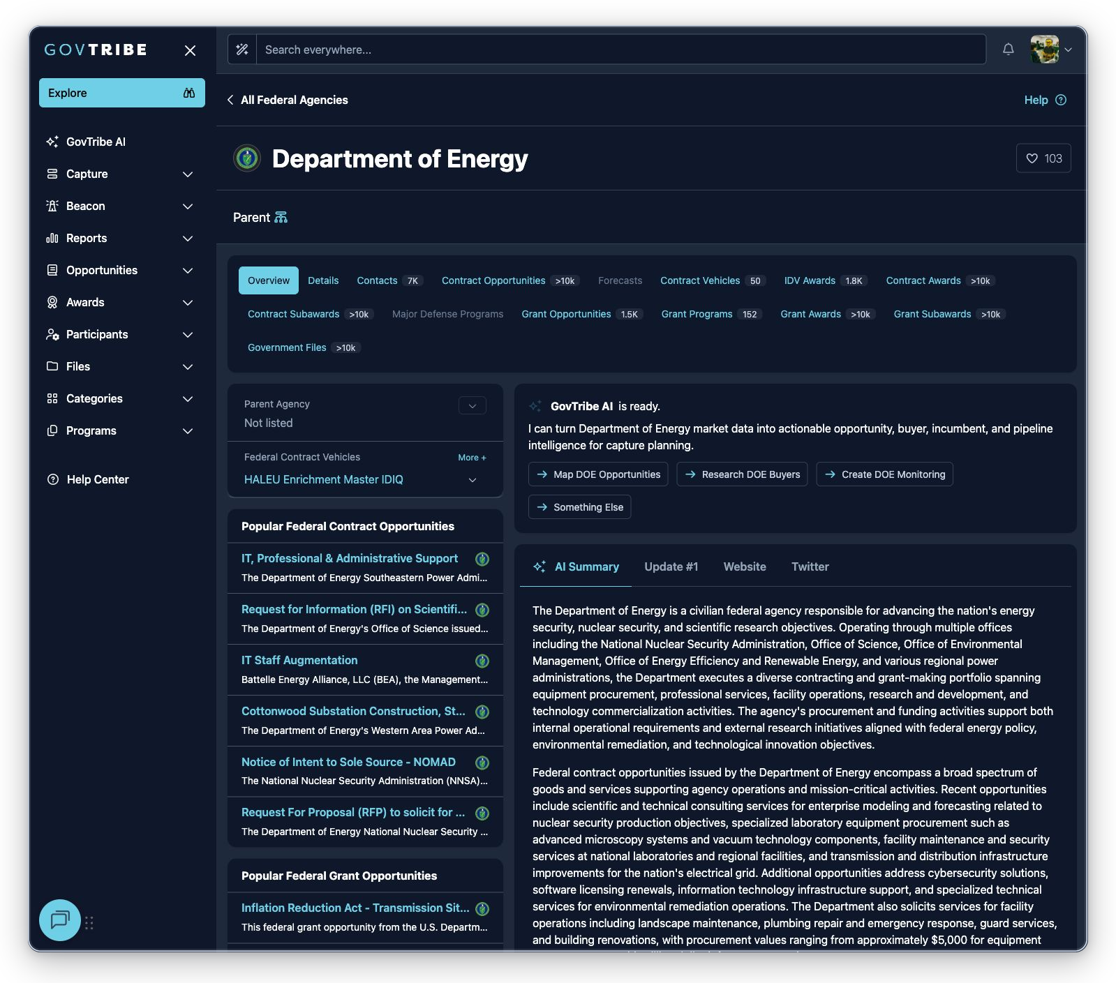 Department of Energy federal agency detail with favorite action, hierarchy label, related tabs, badges, and GovTribe AI