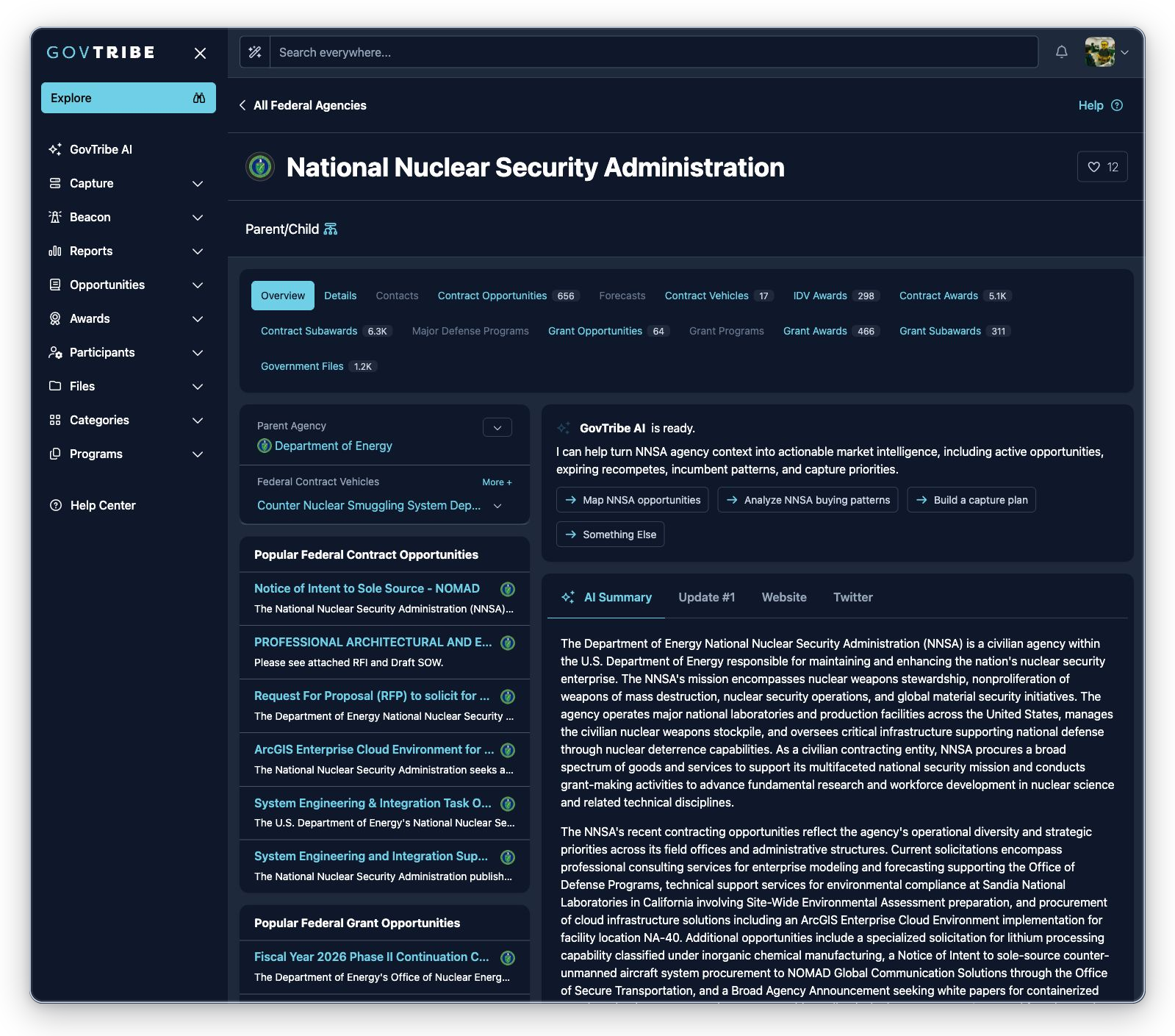 National Nuclear Security Administration federal agency detail with parent agency context, favorite action, tabs, badges, and GovTribe AI