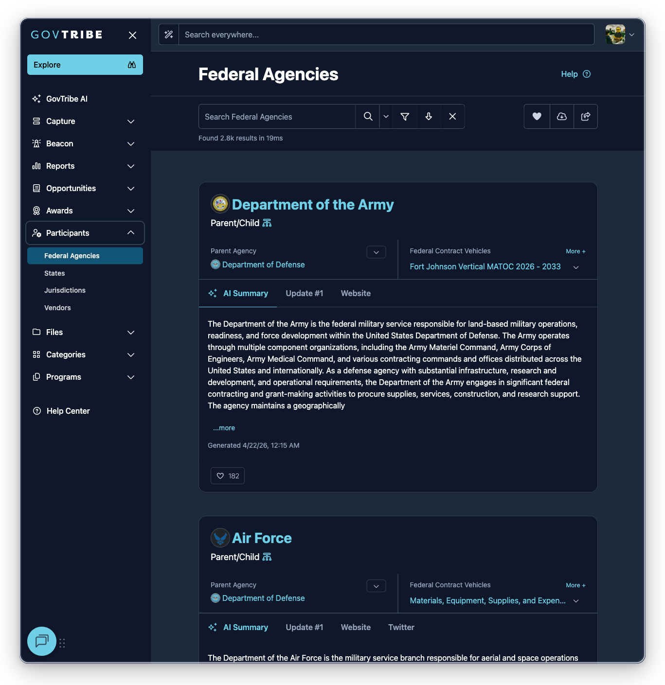 Federal Agencies page with the Participants sidebar expanded and Federal Agencies selected