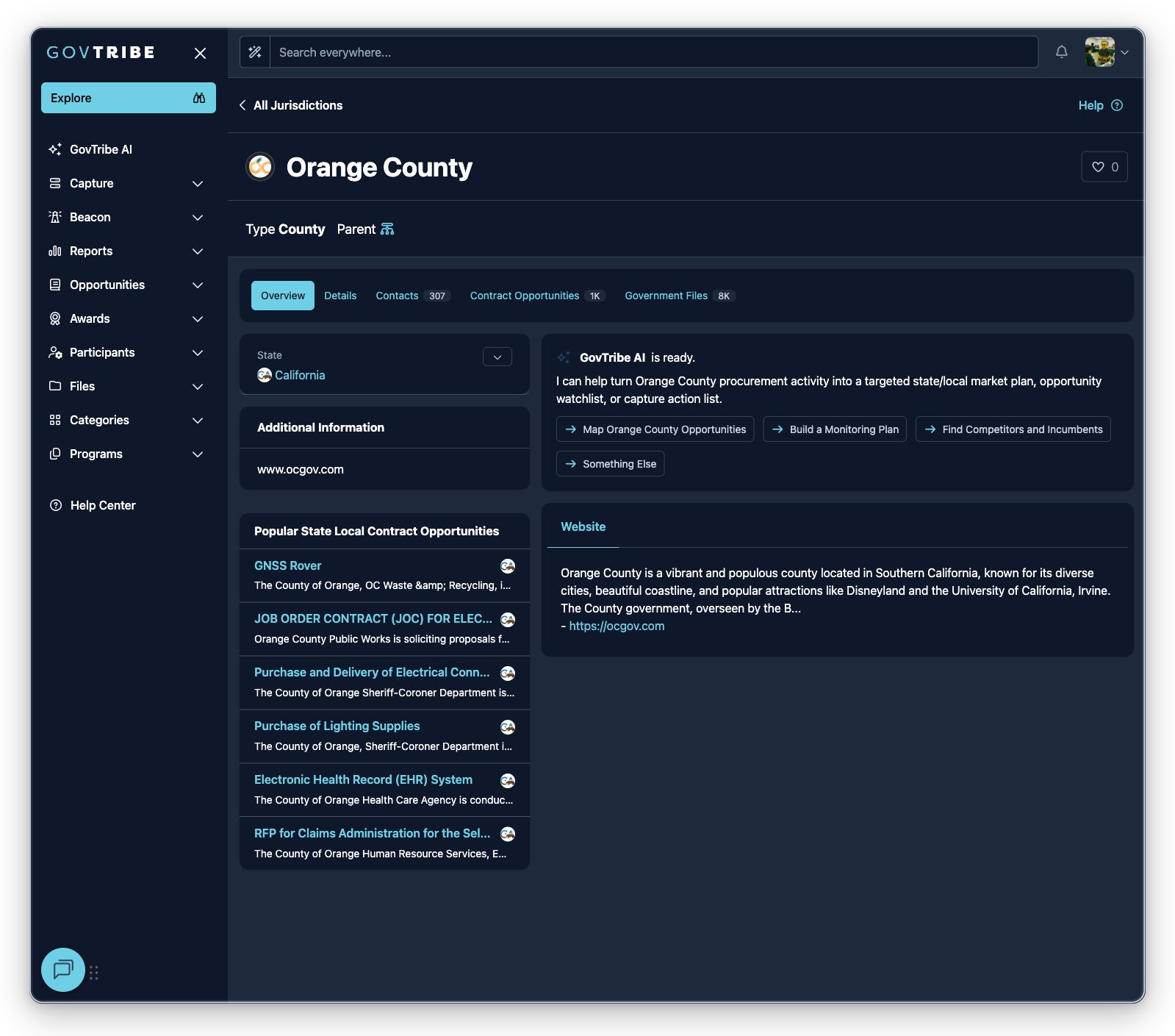 Orange County jurisdiction detail with county type, state context, related tabs, additional information, and GovTribe AI