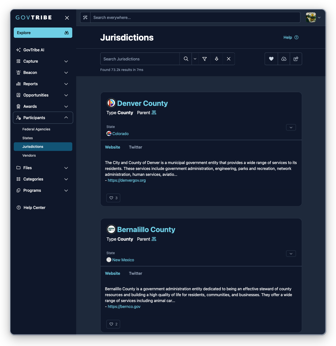 Jurisdictions page with the Participants sidebar expanded and Jurisdictions selected