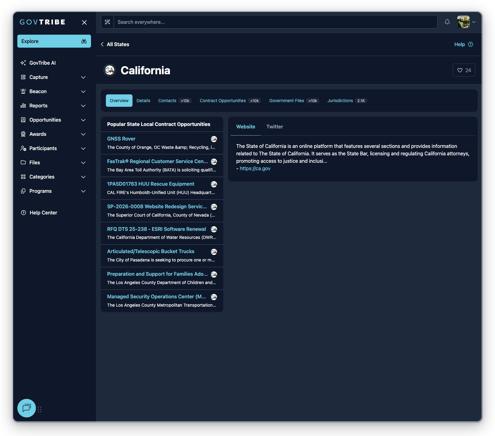 California state detail with favorite action, related tabs, popular opportunities, and website summary