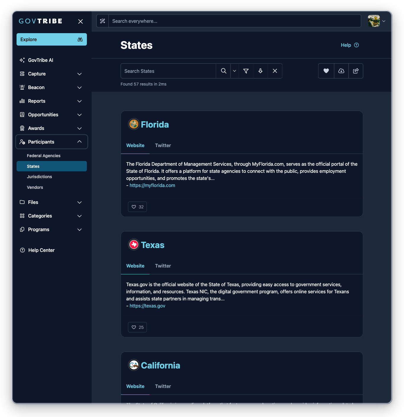 States page with the Participants sidebar expanded and States selected
