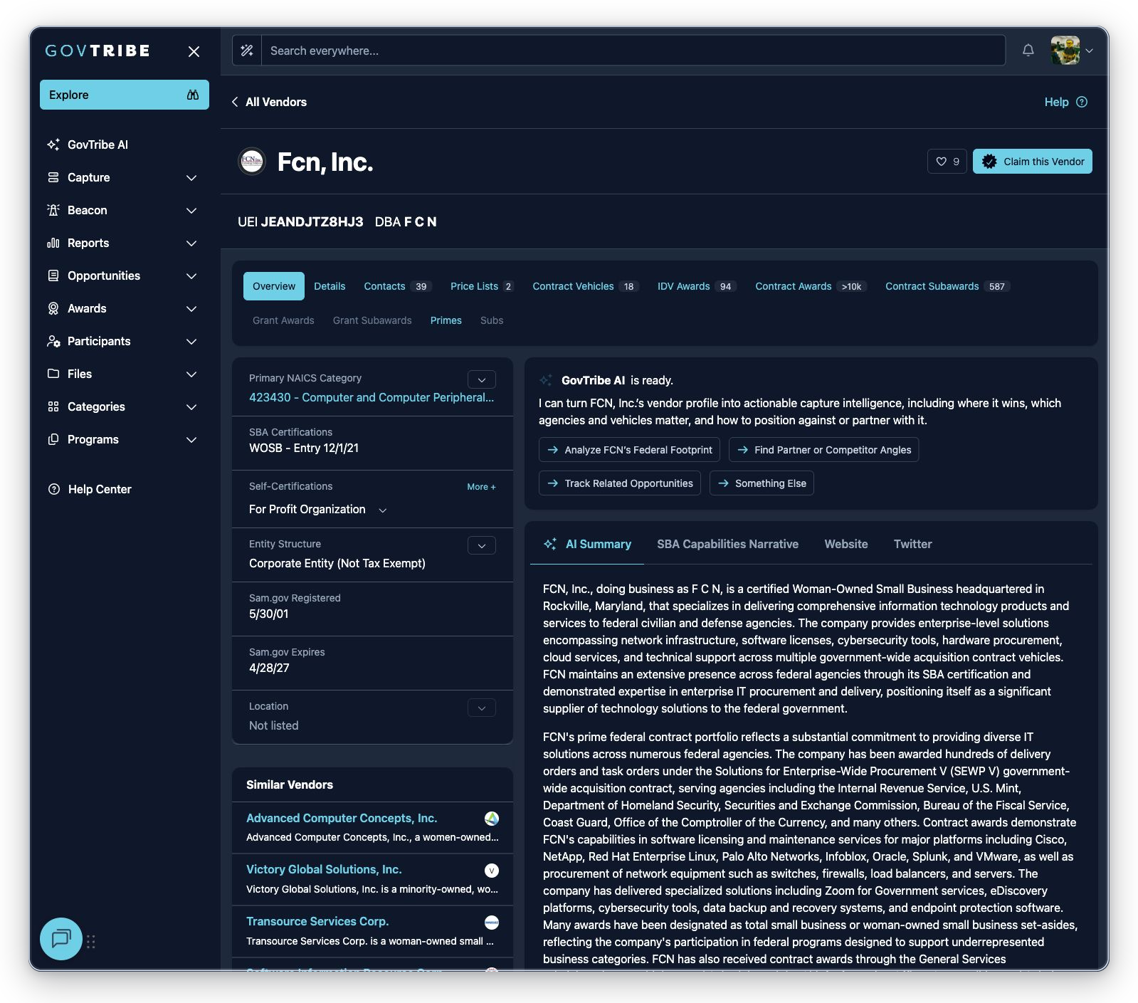 Fcn Inc. vendor detail with WOSB certification, Claim this Vendor action, UEI, related tabs, badges, and GovTribe AI