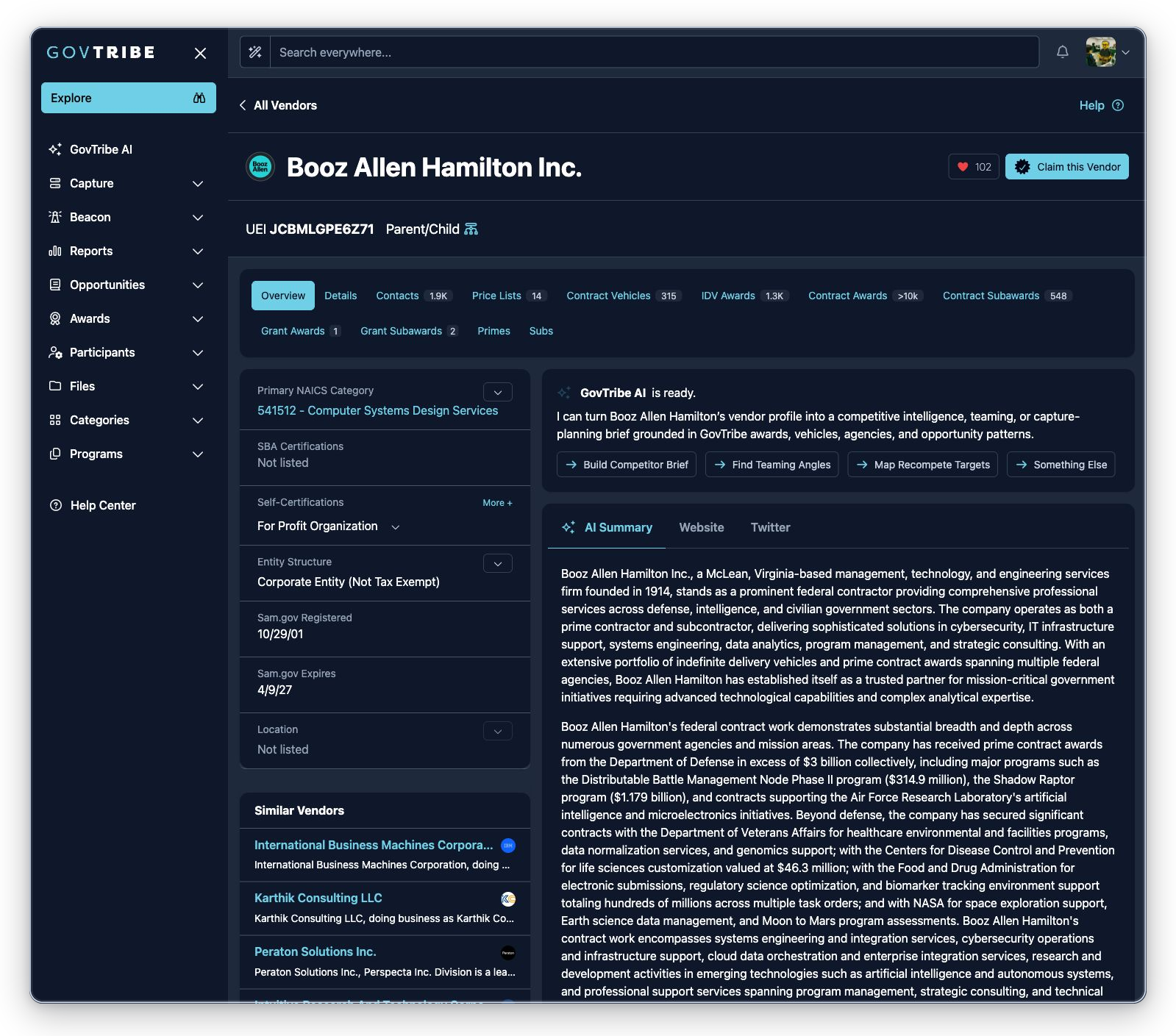 Booz Allen Hamilton vendor detail with UEI, Parent/Child hierarchy label, Claim this Vendor action, related tabs, badges, and GovTribe AI