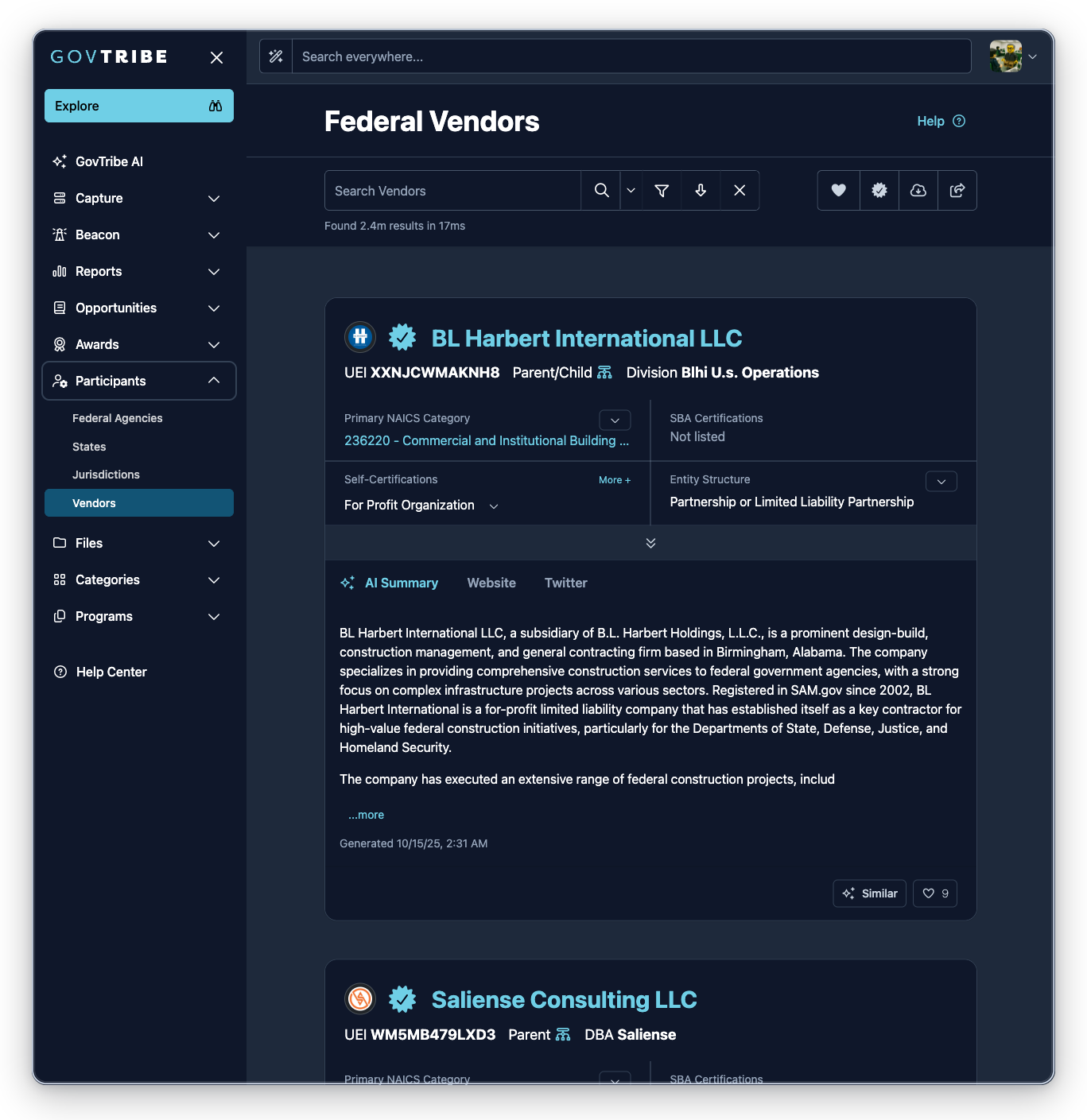 Vendors page with the Participants sidebar expanded and Vendors selected