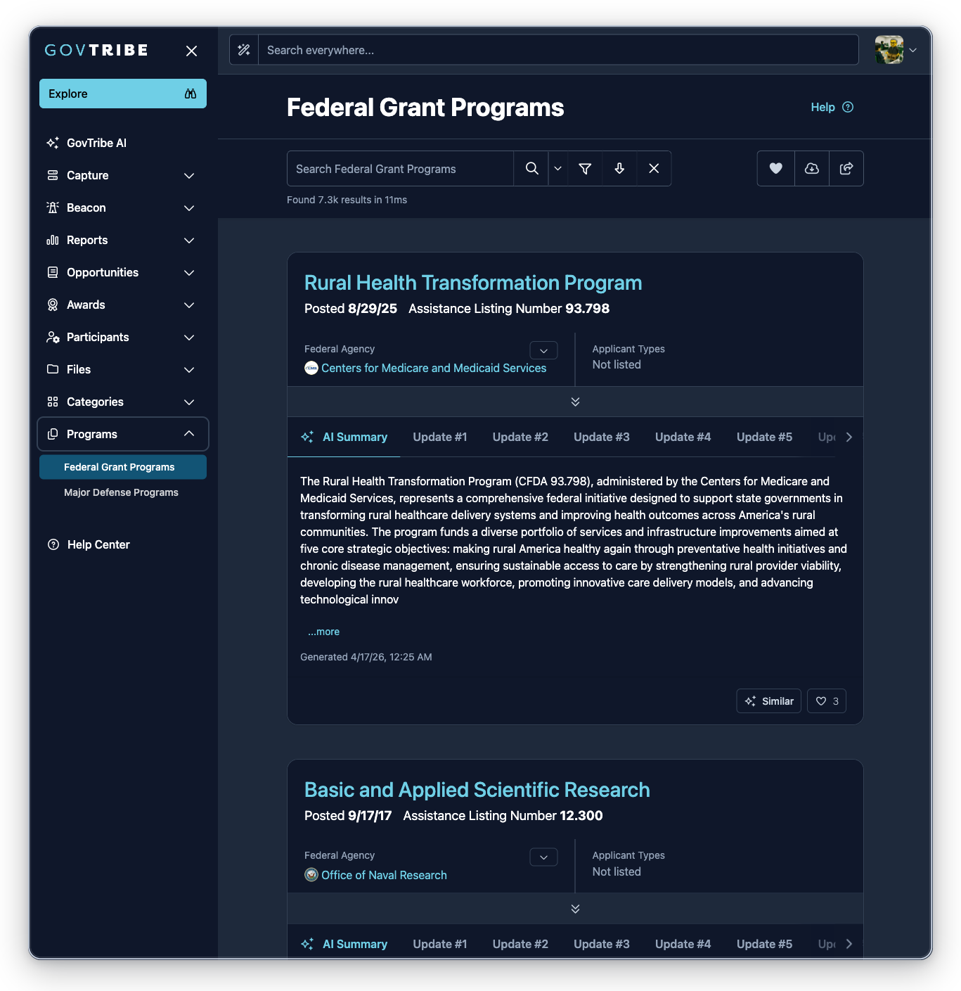 Federal grant programs page with the Programs sidebar expanded and Federal Grant Programs selected