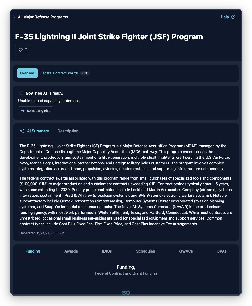 Major defense program detail page