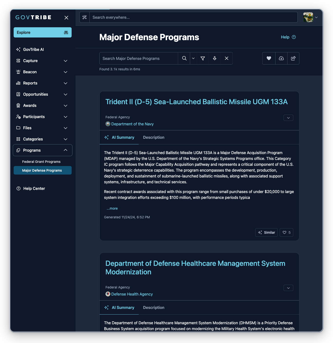 Major defense programs page with the Programs sidebar expanded and Major Defense Programs selected