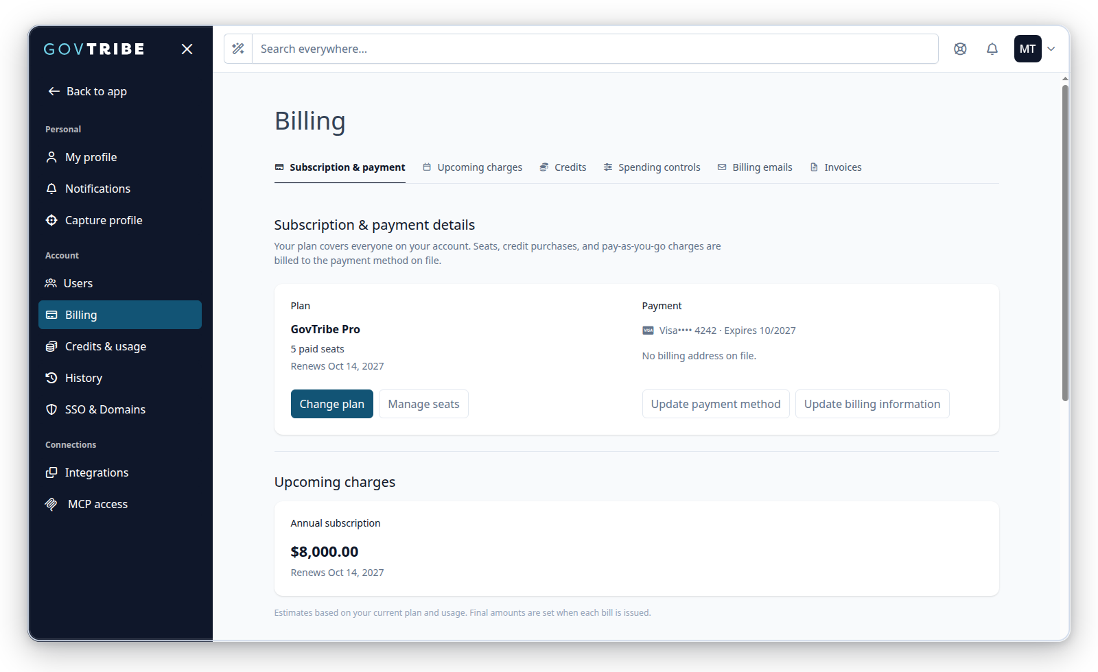 Billing settings with the plan, paid seats, renewal date, payment controls, and upcoming charge