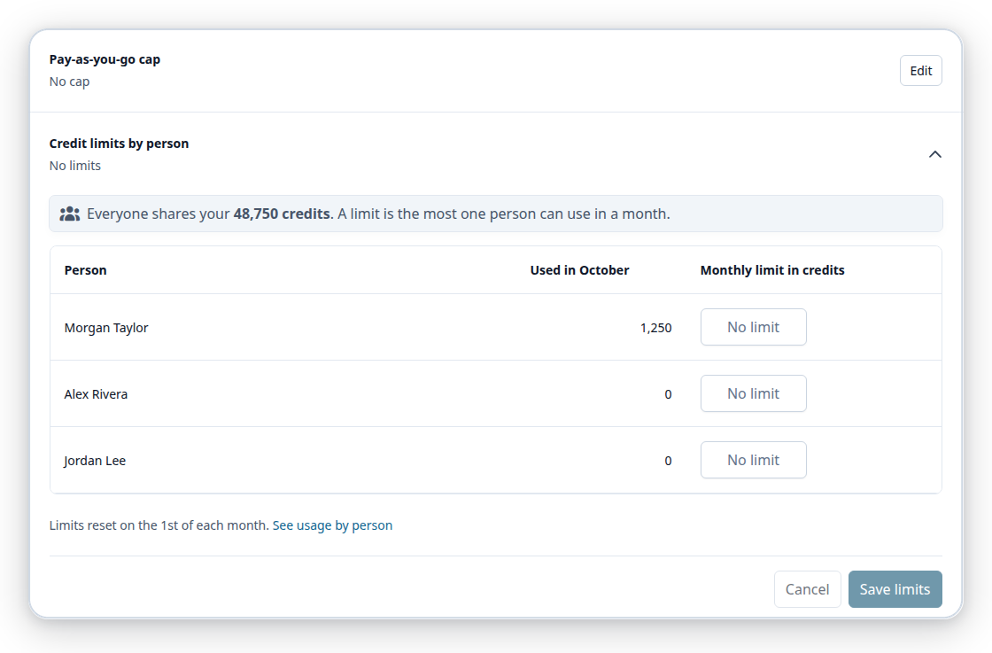 Caps and limits with Credit limits by person expanded to show monthly usage and limit fields