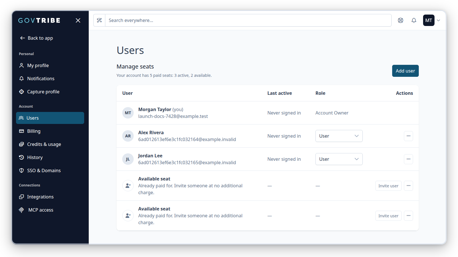 Users settings showing three members and two available paid seats