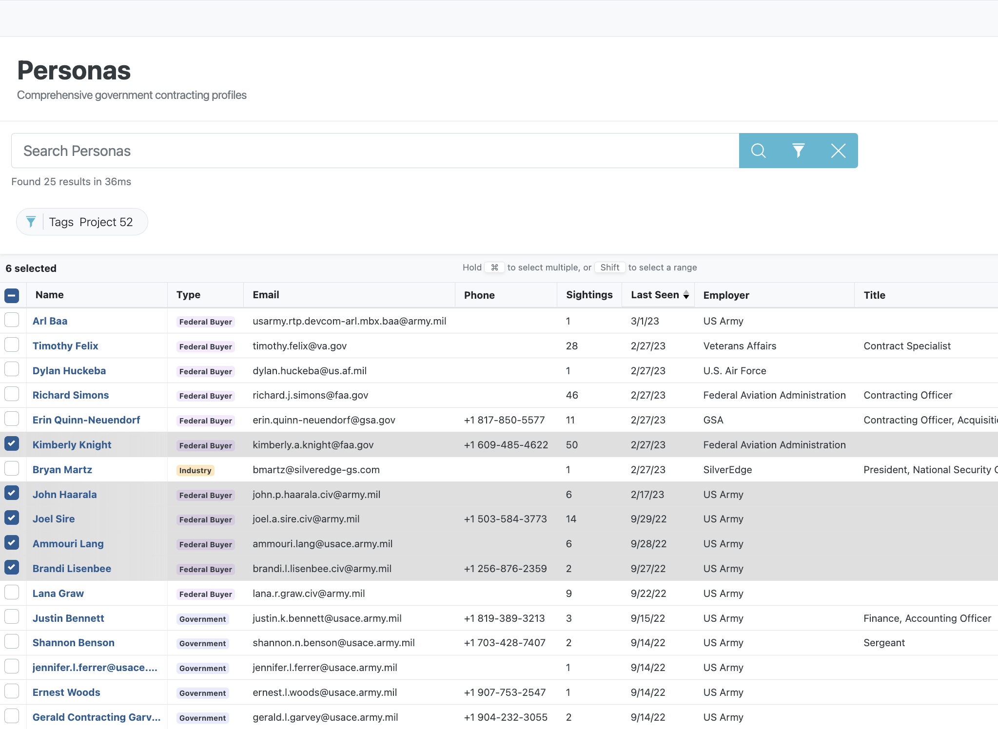Personas Search Multi Select Screenshot