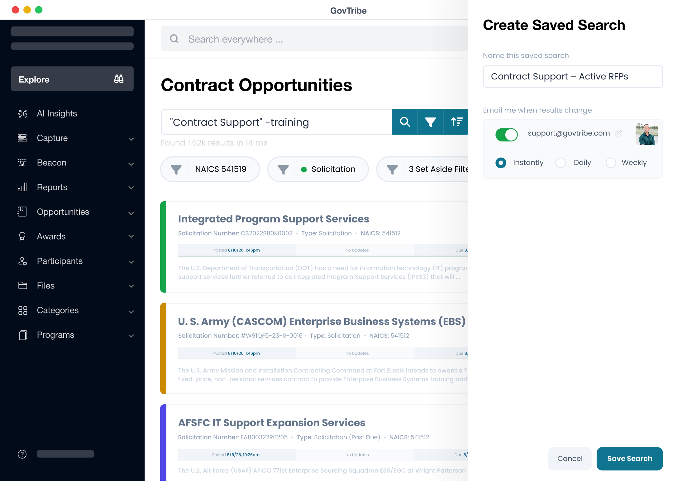 GovTribe platform showing market intelligence and go-to-market strategy tools
