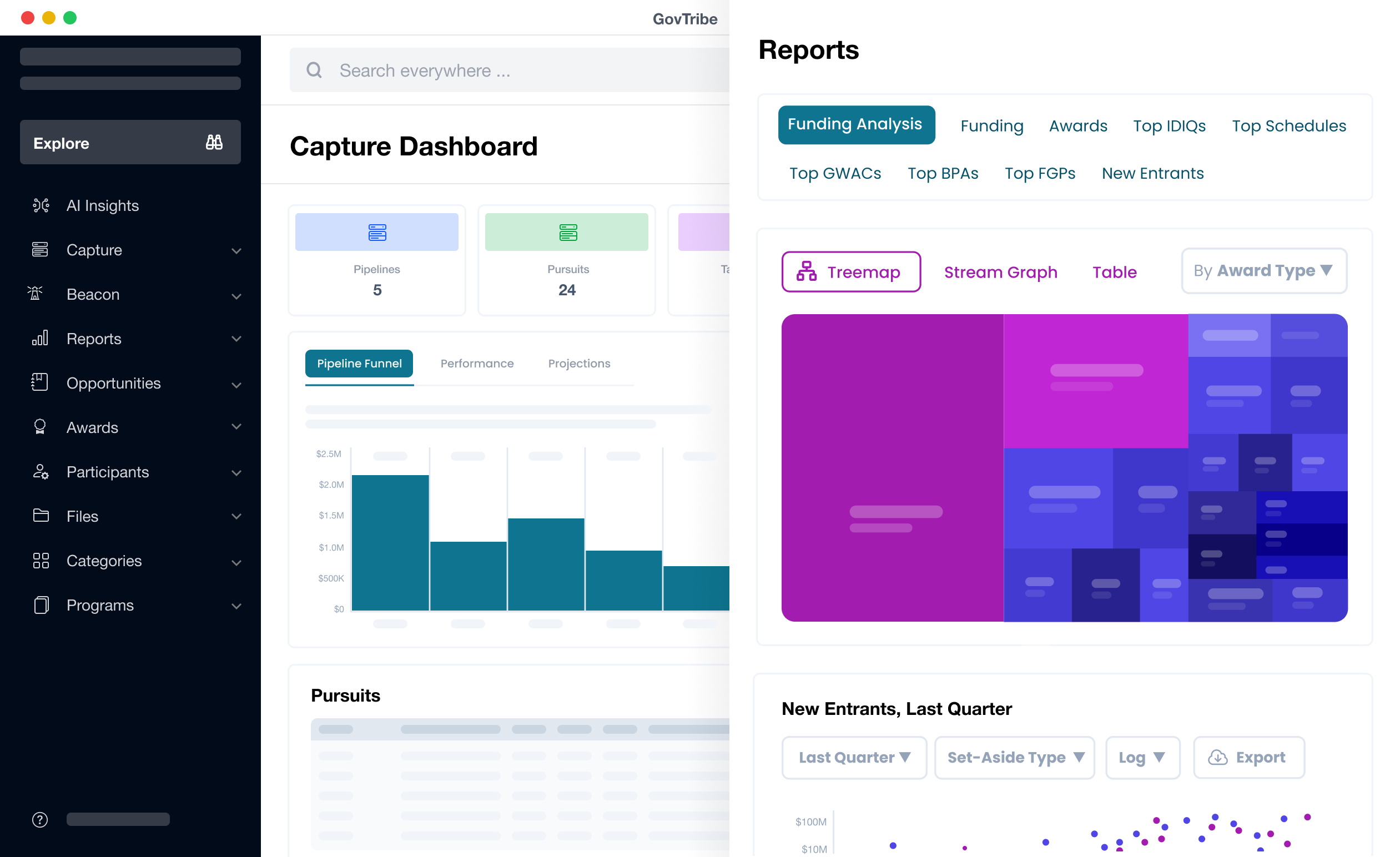 graphic showing how GovTribe helps contractors find government contract opportunities using advanced filters and saved searches